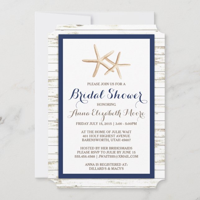 Invitación Starfish Whitewashed Wood Beach Bridal Shower (Anverso)