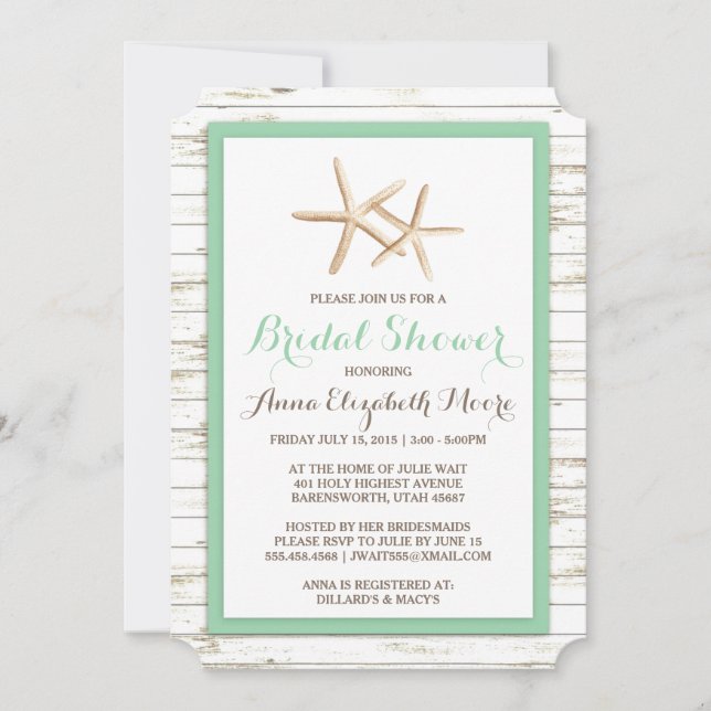 Invitación Starfish Whitewashed Wood Beach Bridal Shower (Anverso)