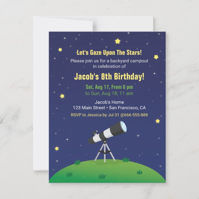 Invitación Stargazing Campout Astronomía Niños Cumpleaños Inv (Anverso)