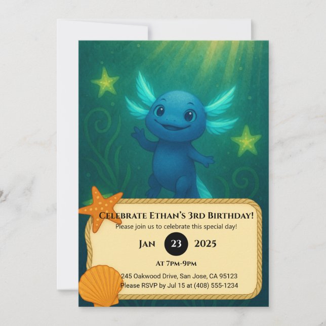 Invitación Starry Blue Axolotl Birthday  (Anverso)
