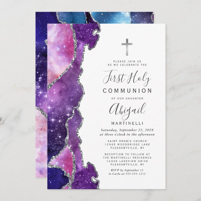 Invitación Starry Blue Pink Agate Silver Primero Santa Comuni (Anverso / Reverso)