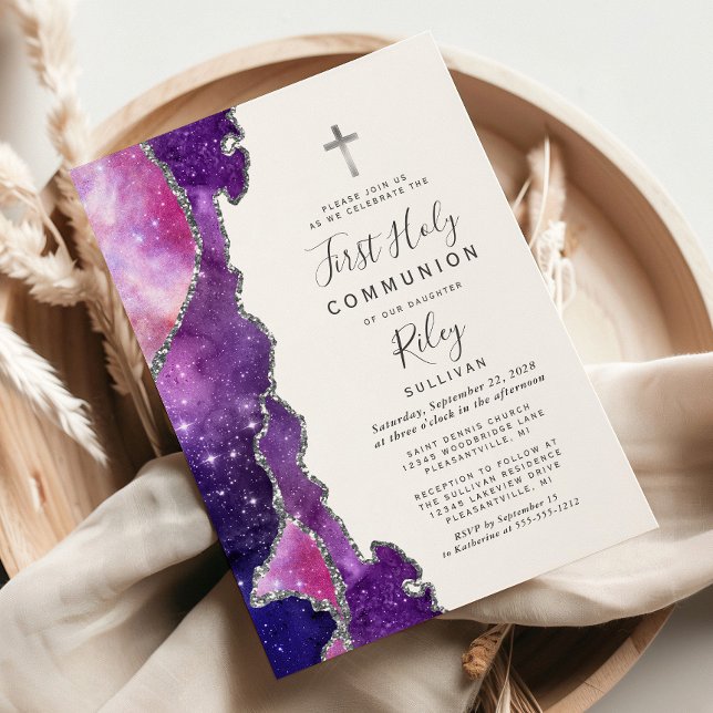 Invitación Starry Blue Pink Agate Silver Primero Santa Comuni (Subido por el creador)