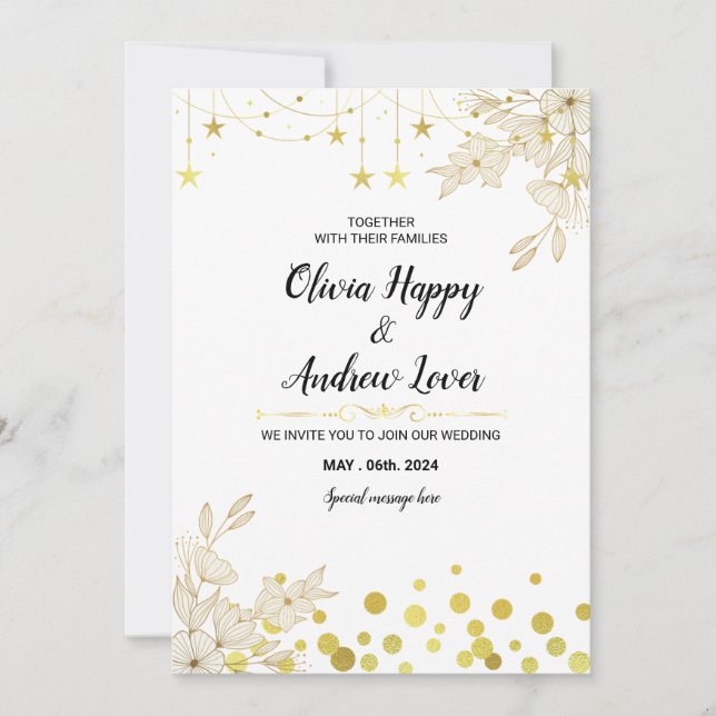 Invitación Starry Elegance: estrella dorada, flores deslumbra (Anverso)