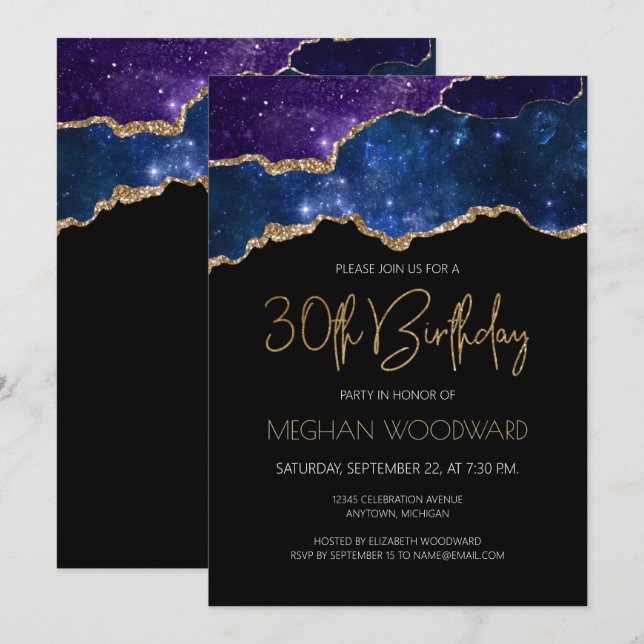 Invitación Starry Gold Agate Geode 30th Birthday Fiesta (Anverso / Reverso)