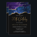 Invitación Starry Gold Agate Geode 30th Birthday Fiesta<br><div class="desc">Esta moderna invitación a la fiesta de cumpleaños número 30 presenta una imagen acuarela de un ágate geodésico en tonos azules y morados, salpicado de estrellas brillantes y adornado con falsos toques de purpurina dorado. Las palabras "Cumpleaños 30" aparecen en falso purpurina de oro en letra decorativa moderna de escritura...</div>