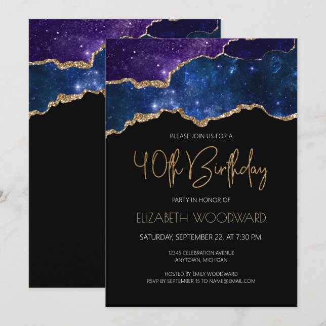 Invitación Starry Gold Agate Geode 40.º Fiesta de cumpleaños (Anverso / Reverso)