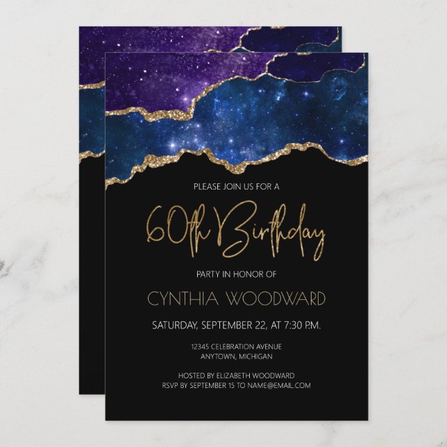 Invitación Starry Gold Agate Geode 60th Birthday Party (Anverso / Reverso)