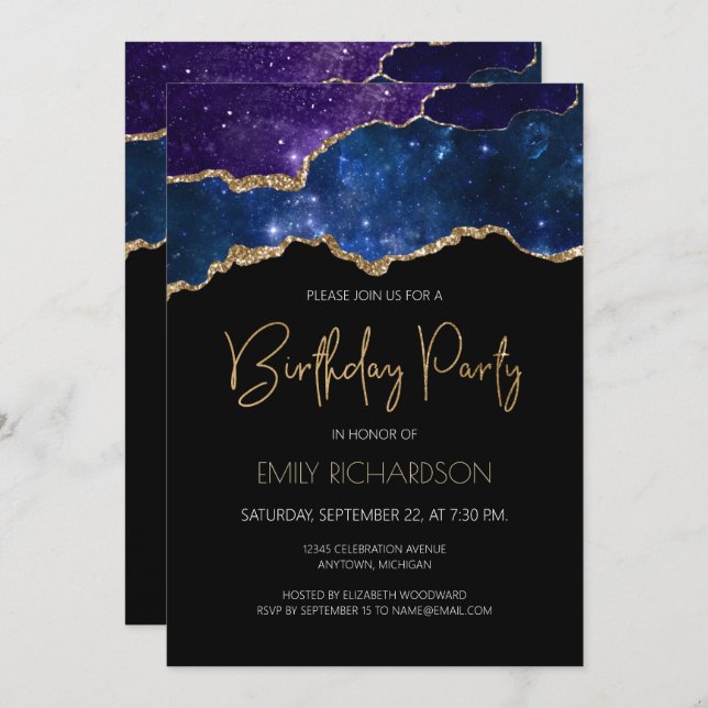 Invitación Starry Gold Agate Geode Cualquier año Cumpleaños (Anverso / Reverso)