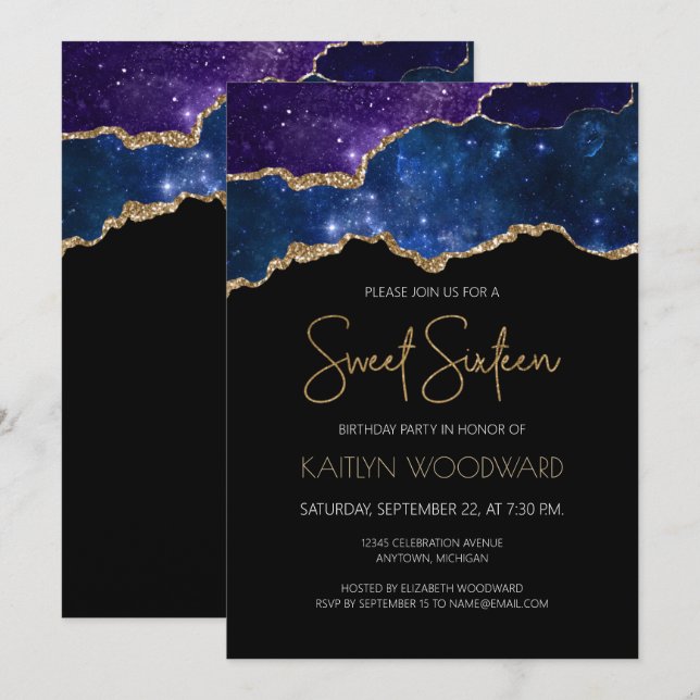 Invitación Starry Gold Agate Geode Sweet 16 Birthday Party (Anverso / Reverso)