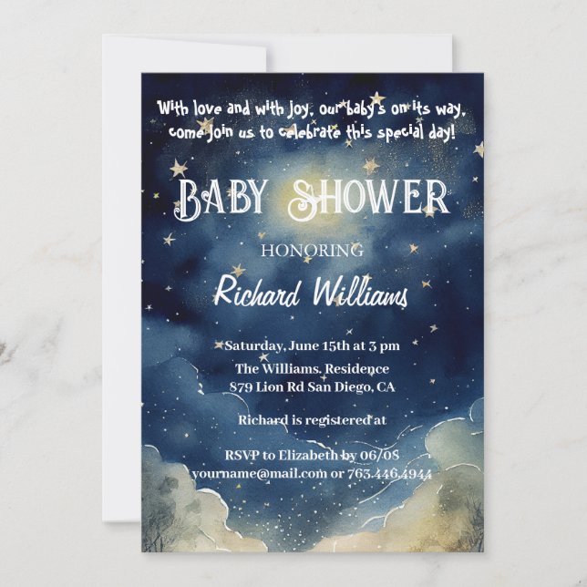 Invitación Starry Night Celestial Watercolor Baby Shower (Anverso)