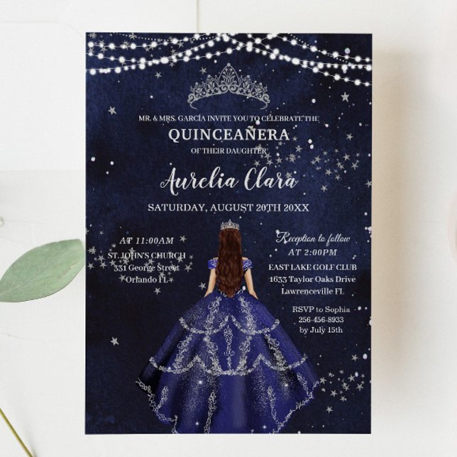 Invitación Starry Night Navy Blue Gown Silver Quinceañera (Subido por el creador)