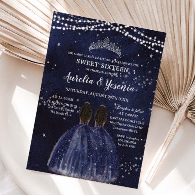 Invitación Starry Night Navy Blue Sweet 16 Twins Brown Girls (Subido por el creador)