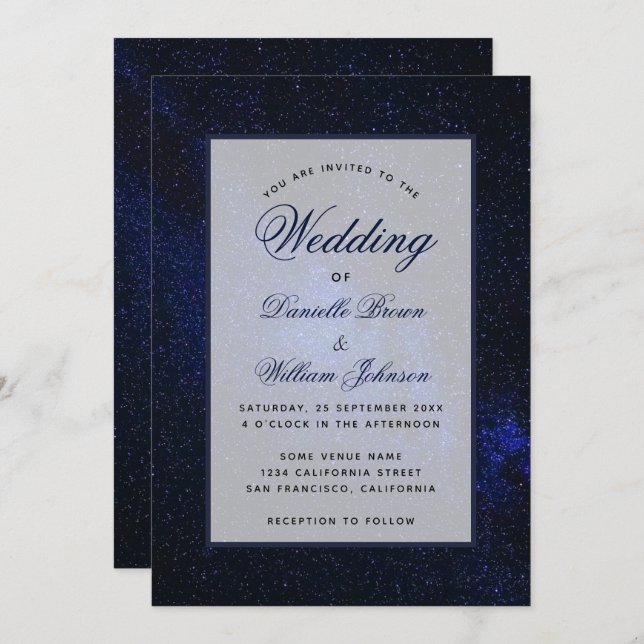Invitación Starry Night Sky Celestiant Elegant Script Boda (Anverso / Reverso)