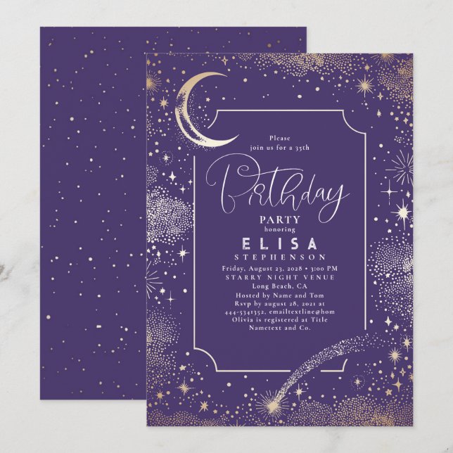 Invitación Starry Night Sky Moon Mystical Celestial Cumpleaño (Anverso / Reverso)