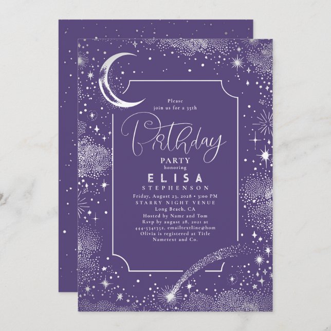 Invitación Starry Night Sky Moon Mystical Celestial Cumpleaño (Anverso / Reverso)