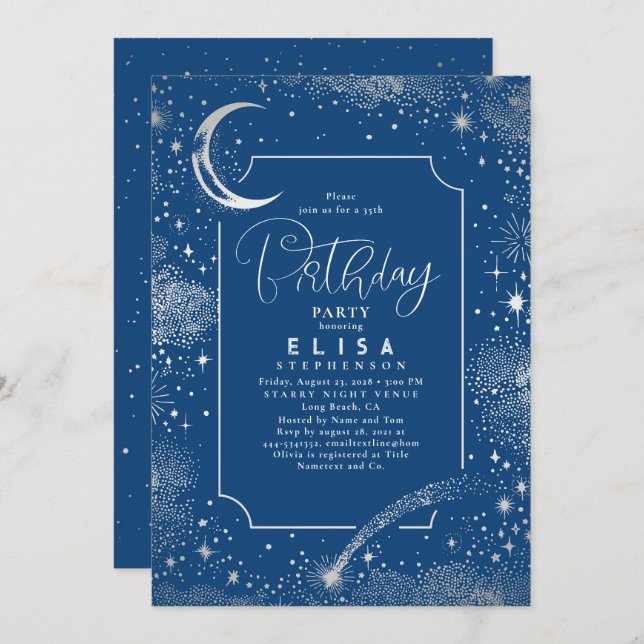 Invitación Starry Night Sky Moon Mystical Celestial Cumpleaño (Anverso / Reverso)