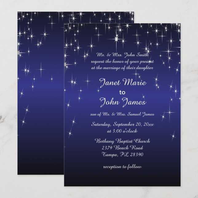 Invitación Starry Night Wedding in Dark Blue (Anverso / Reverso)