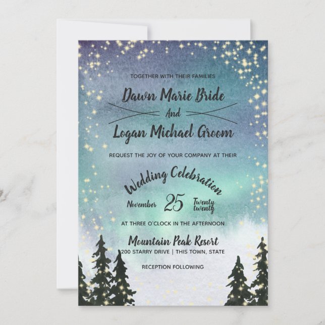 Invitación Starry Northern Lights Mountain Sky Boda (Anverso)