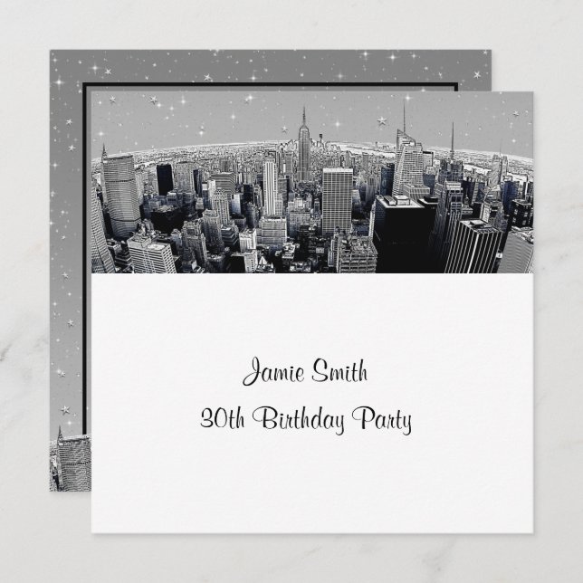 Invitación Starry NYC Etched Fisheye Gray Skyline Birday SQ (Anverso / Reverso)