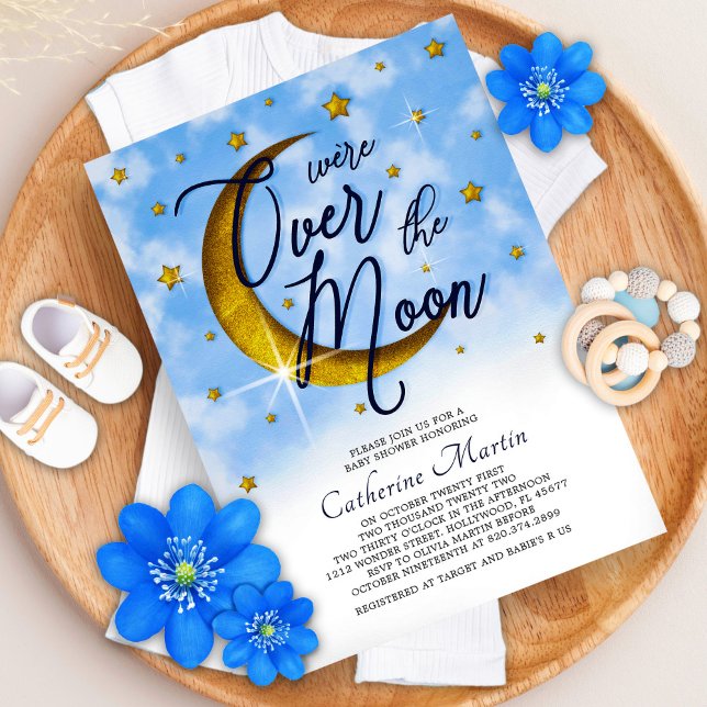 Invitación Starry Over The Moon Blue Gold Baby Shower (Subido por el creador)