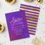 Invitación Starry Purple Cualquier Año Aniversario de la Segu<br><div class="desc">Elegante invitación al Aniversario de la Boda con un borde de estrellas y la palabra "Soirée" en oro falso contra un fondo de color morado. Una versátil invitación al aniversario que es perfecta para celebrar cualquier cantidad de años juntos. La tarjeta incluye una parte posterior a rayas. Consulte otros elementos...</div>