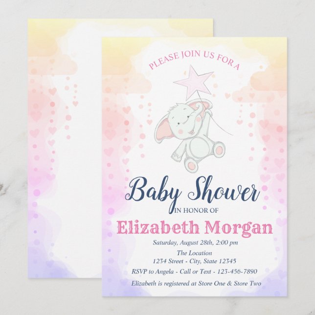 Invitación Stars, Baby Girl Elephant Baby Shower (Anverso / Reverso)