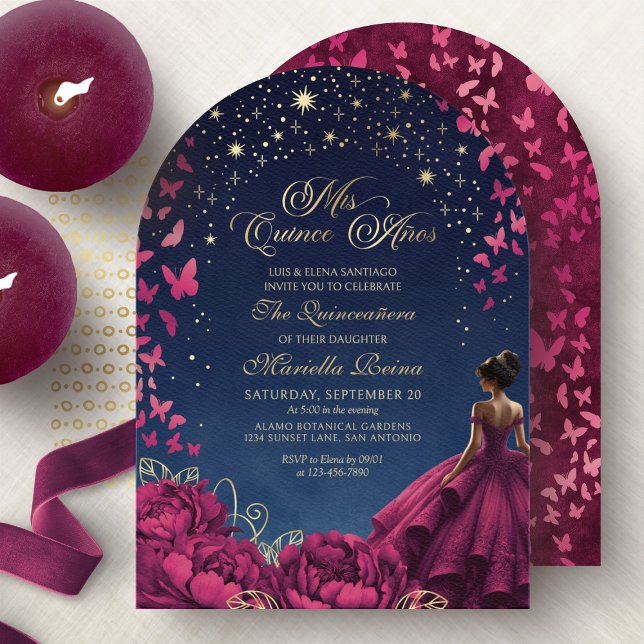 Invitación Stars Butterflies Burgundy Quinceanera (Subido por el creador)