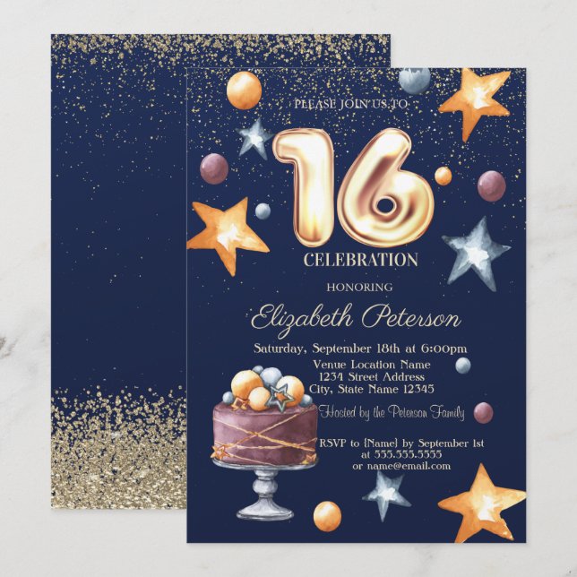 Invitación Stars Cake Confetti Diamond Sweet 16 (Anverso / Reverso)