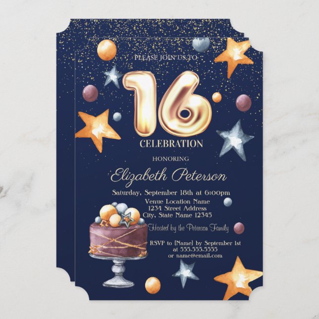 Invitación Stars Cake Confetti Sweet 16 Fiesta (Anverso / Reverso)