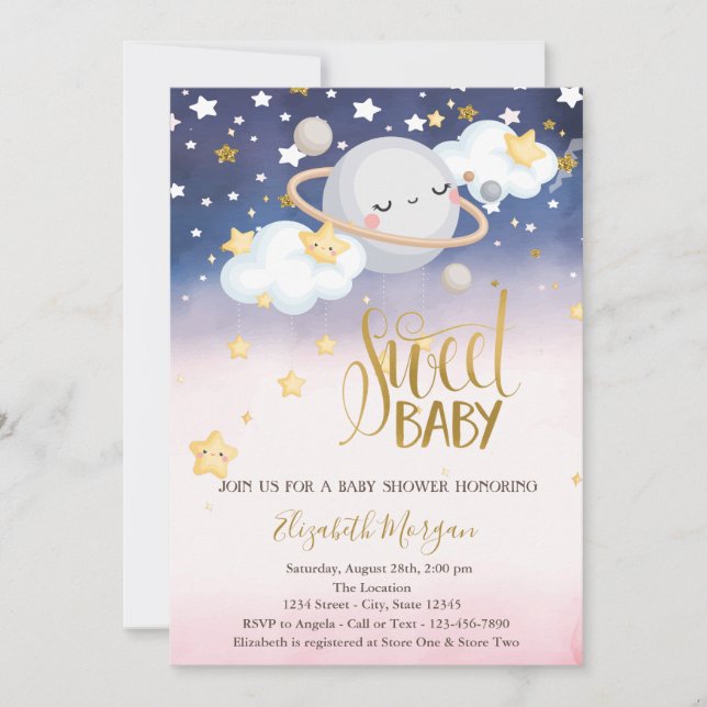 Invitación Stars Clouds Planet Ombre Baby Shower (Anverso)