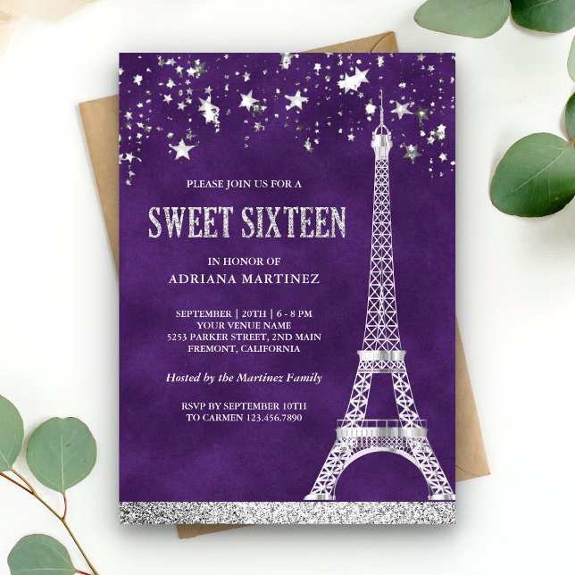 Invitación Stars Confetti Plata Torre Eiffel Morado Dulce 16 (Subido por el creador)