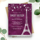 Invitación Stars Confetti Silver Eiffel Tower Plum Sweet 16<br><div class="desc">Amaze your guests with this elegant Paris themed sweet sixteen invite featuring faux silver foil accents. Simply add your event details on this easy-to-use template to make it a one-of-a-kind invitation. Flip the card over to reveal a faux silver glitter texture on the back of the card.</div>