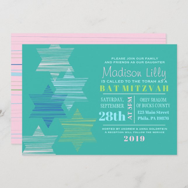 Invitación STARS CONNECTING Bat Mitzvah Invitation (Anverso / Reverso)