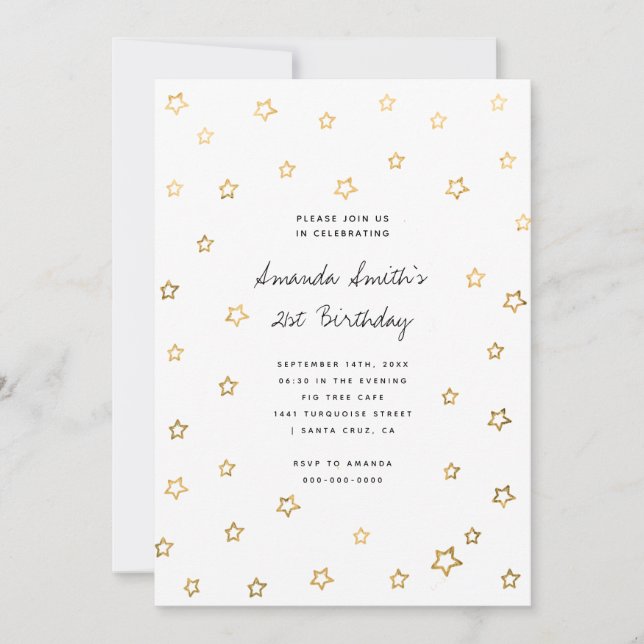 Invitación Stars Faux Relieve metalizado dorado fiesta de cum (Anverso)