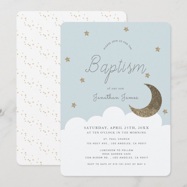 Invitación Stars & Moon Baby Blue Boy Baptismo (Anverso / Reverso)