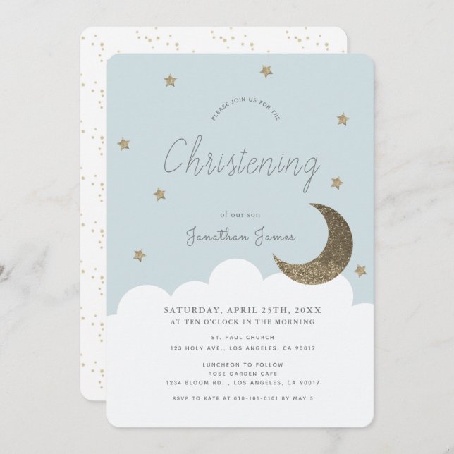 Invitación Stars & Moon Baby Blue Boy Christening (Anverso / Reverso)