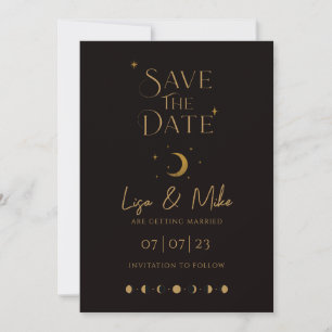 Invitación Stars & Moon Celestial Save the Date, Black & Gold