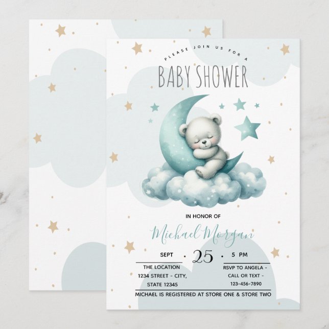 Invitación Stars Moon Clouds Green Teddy Bear Baby Shower (Anverso / Reverso)