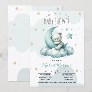 Invitación Stars Moon Clouds Green Teddy Bear Baby Shower