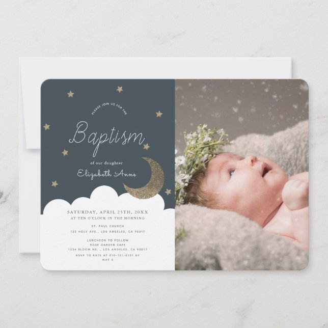Invitación Stars & Moon Navy Blue Boy Photo Baptism (Anverso)