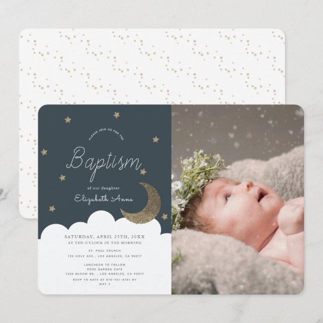 Invitación Stars & Moon Navy Blue Boy Photo Baptism (Anverso / Reverso)