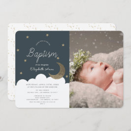 Invitación Stars & Moon Navy Blue Boy Photo Baptism