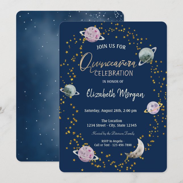 Invitación Stars Planets Galaxy Blue Quinceañera (Anverso / Reverso)