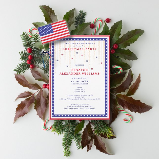Invitación Stars & Stripes American Flag Holiday Fundraiser (Stars & Stripes American Flag Christmas Political Candidate Party Fundraiser Invitation)