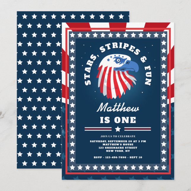 Invitación Stars Stripes & Fun All American 1er cumpleaños (Anverso / Reverso)