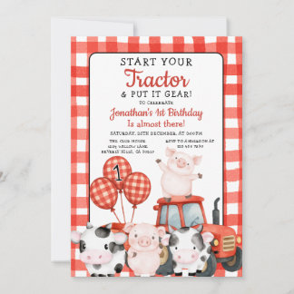 Invitación Start Your Tractor 1st Birthday Red farm animal