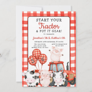Invitación Start Your Tractor Joint Birthday Red farm animal