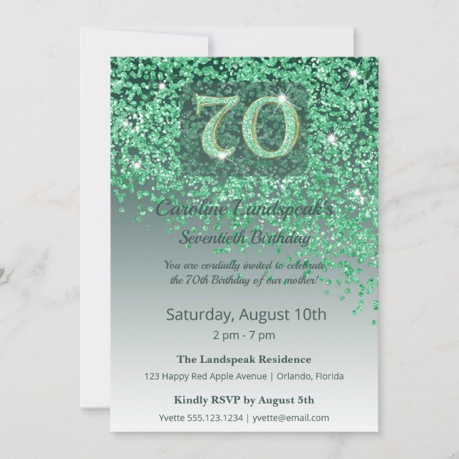 Invitación Stately 70th Birthday Emerald Green Glitter (Anverso)
