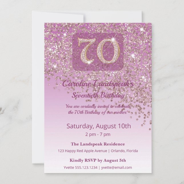 Invitación Stately 70th Birthday Rose Gold Glitter (Anverso)