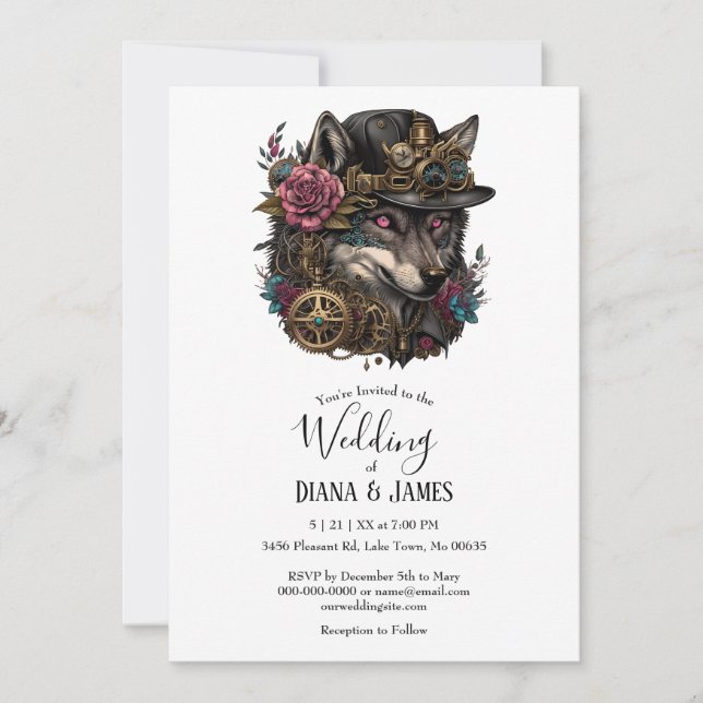 Invitación Steampumk Wolf Boda Floral Rosa (Anverso)